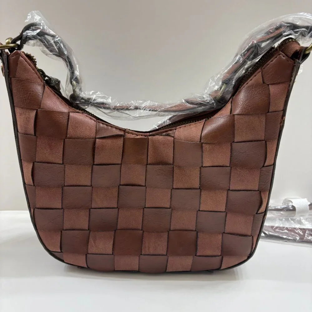 Time and Tru - Alice Crossbody Woven Vegan Brown Leather Hobo Bag - NWOT